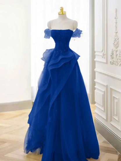 Off-the-Shoulder Beaded Appliques Tulle Long A-Line Evening Dress