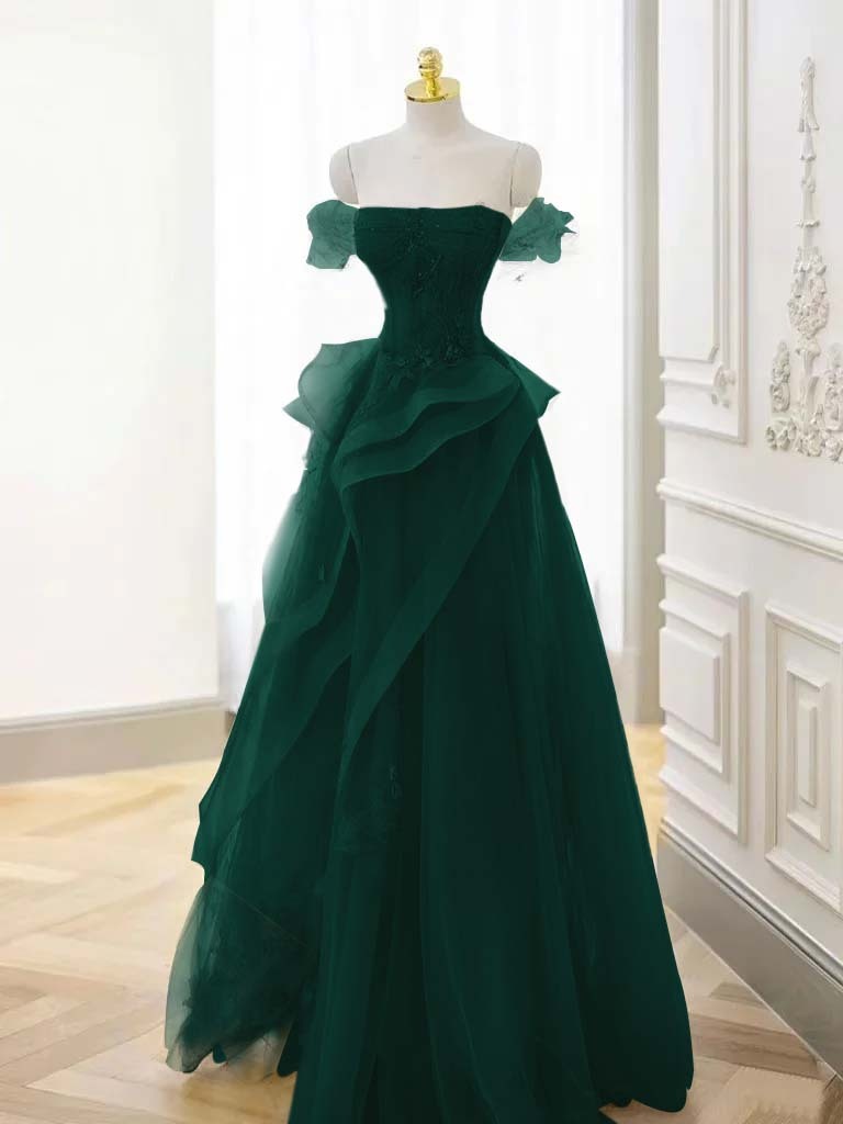 Off-the-Shoulder Beaded Appliques Tulle Long A-Line Evening Dress