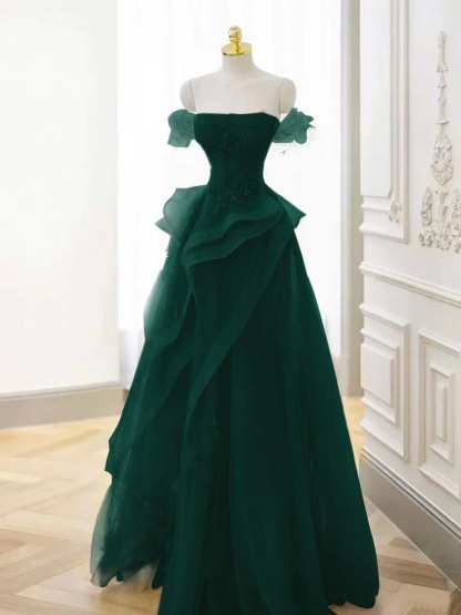 Off-the-Shoulder Beaded Appliques Tulle Long A-Line Evening Dress