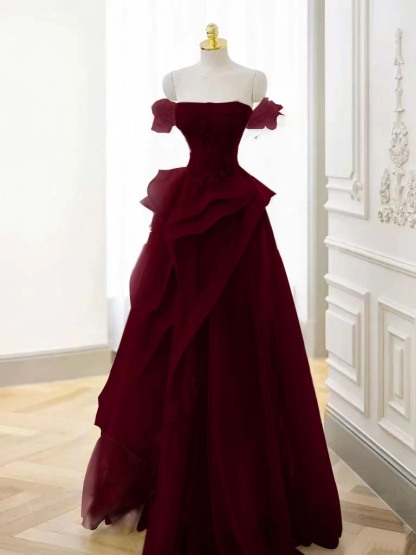 Off-the-Shoulder Beaded Appliques Tulle Long A-Line Evening Dress