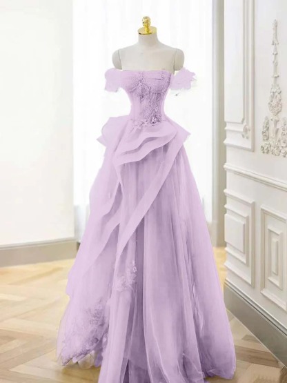 Off-the-Shoulder Beaded Appliques Tulle Long A-Line Evening Dress
