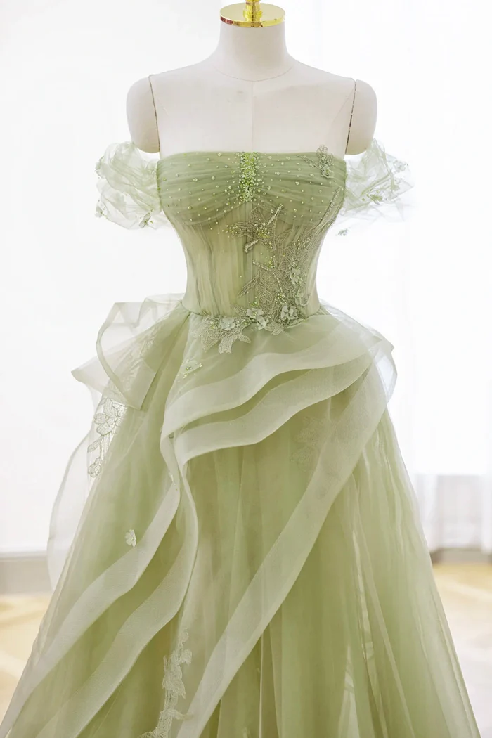 Off-the-Shoulder Beaded Appliques Tulle Long A-Line Evening Dress