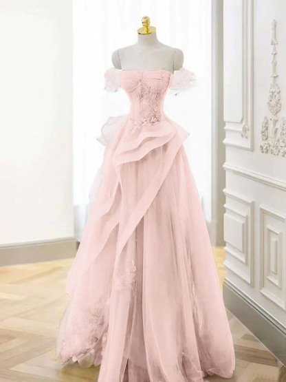 Off-the-Shoulder Beaded Appliques Tulle Long A-Line Evening Dress