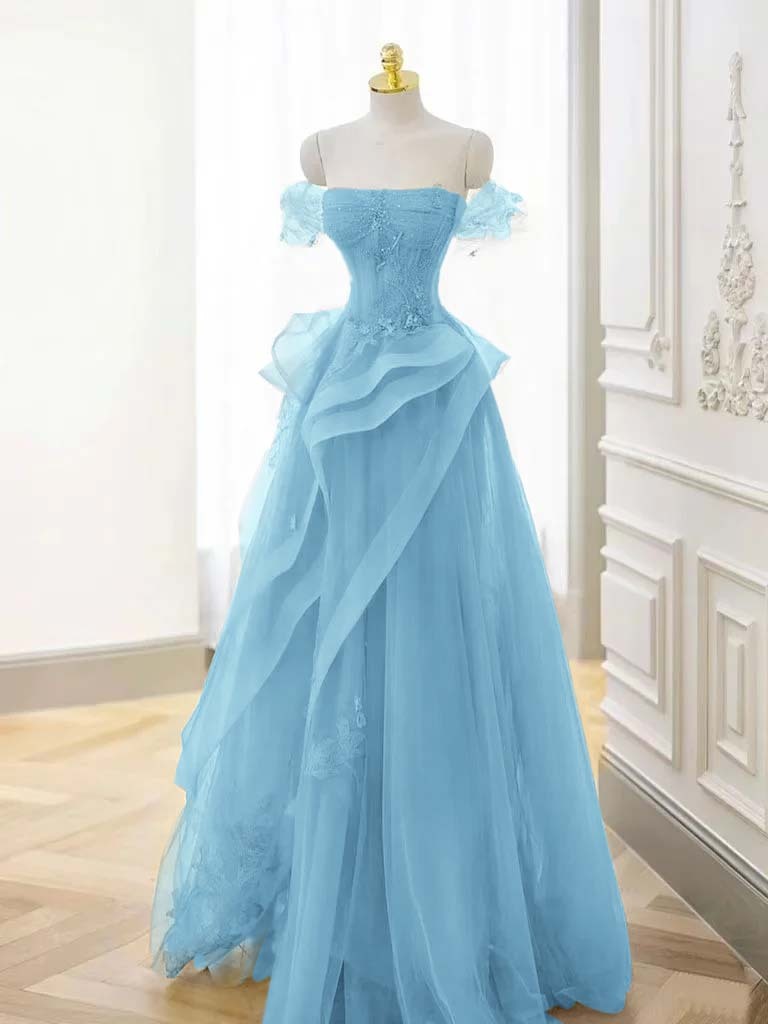 Off-the-Shoulder Beaded Appliques Tulle Long A-Line Evening Dress