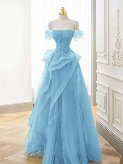 Off-the-Shoulder Beaded Appliques Tulle Long A-Line Evening Dress