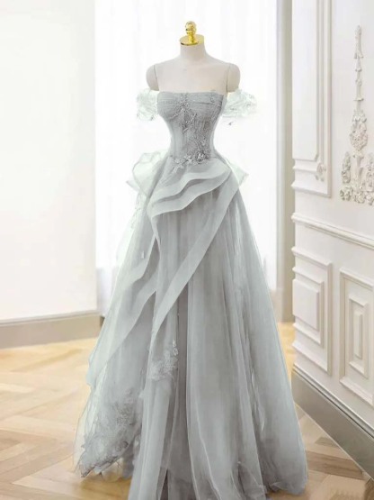 Off-the-Shoulder Beaded Appliques Tulle Long A-Line Evening Dress