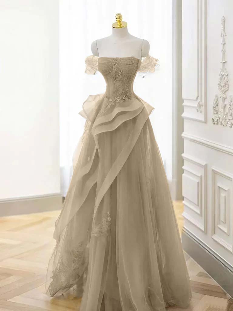 Off-the-Shoulder Beaded Appliques Tulle Long A-Line Evening Dress