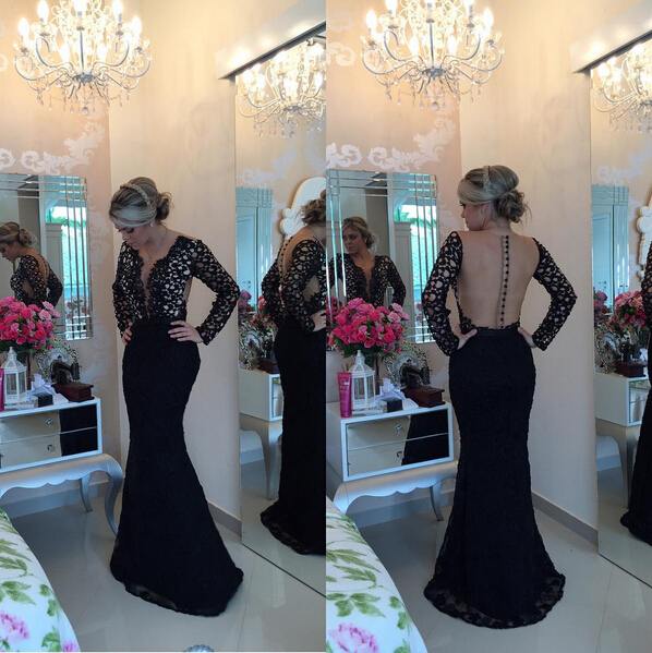 V-neck Black Lace Mermaid Prom Dress UK Long Sleeve-27Dress.co.uk