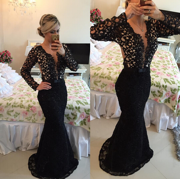 V-neck Black Lace Mermaid Prom Dress UK Long Sleeve-27Dress.co.uk