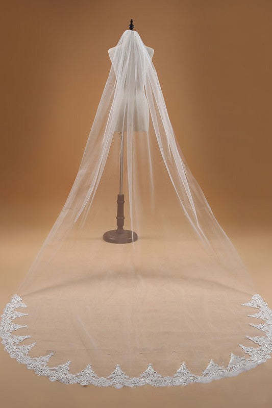 Ethereal White Long Bridal Veil with Handcrafted Lace Details