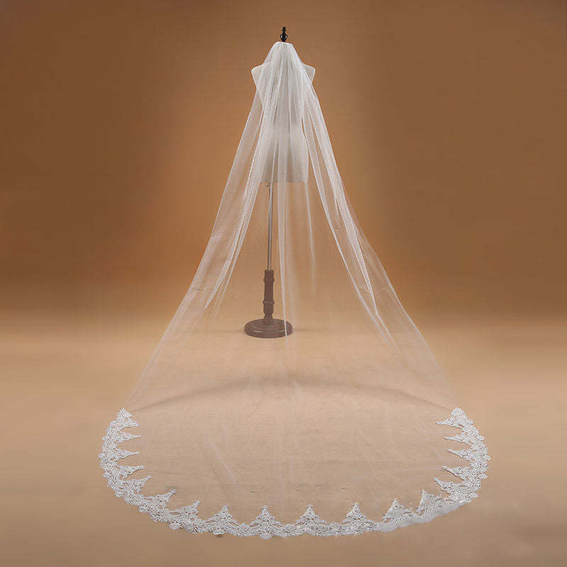 Ethereal White Long Bridal Veil with Handcrafted Lace Details