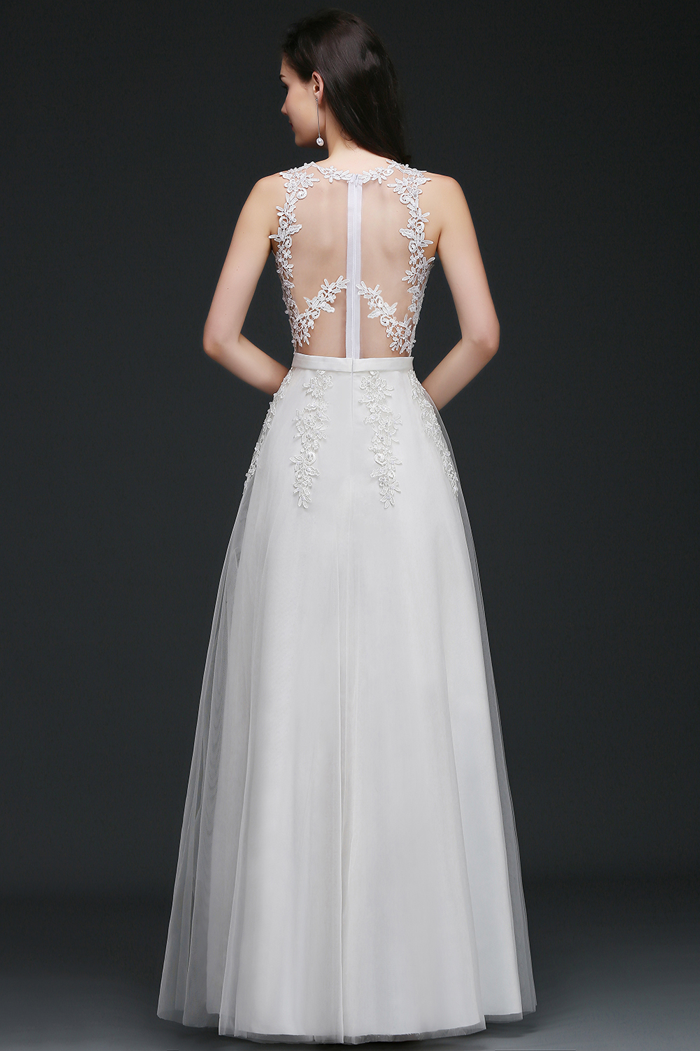 AMARI | A-Line Jewel Floor Length Tulle Wedding Dresses with Lace