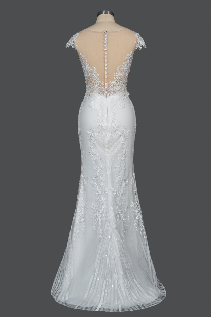 Charming Cap Sleeves White Mermaid Wedding Dress Pearls Sequins Bridal Gown with Detachable Train