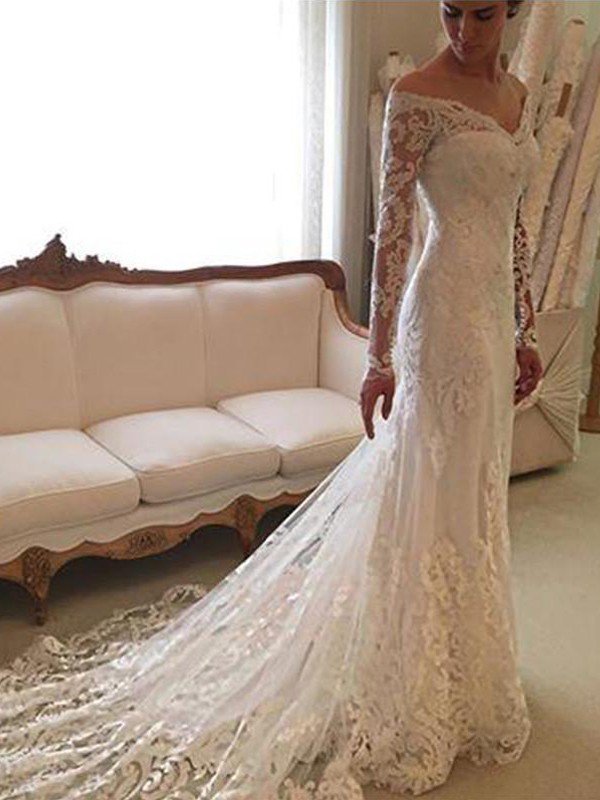 Off-the-Shoulder Court Train Sheath Lace Long Sleeves Wedding Dresses UK