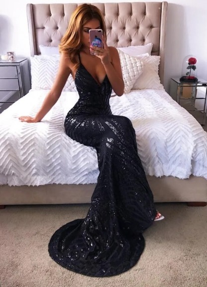 Black Sequins Prom Dress UK V-neck Mermaid Evening Gowns BA8254