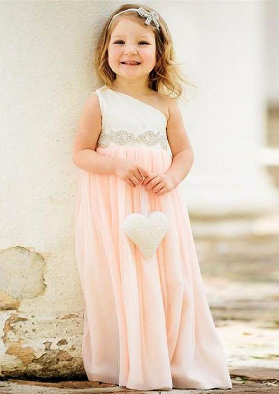 Delicate One Shoulder Chiffon Flower Girl Dress Pearls-27Dress.co.uk
