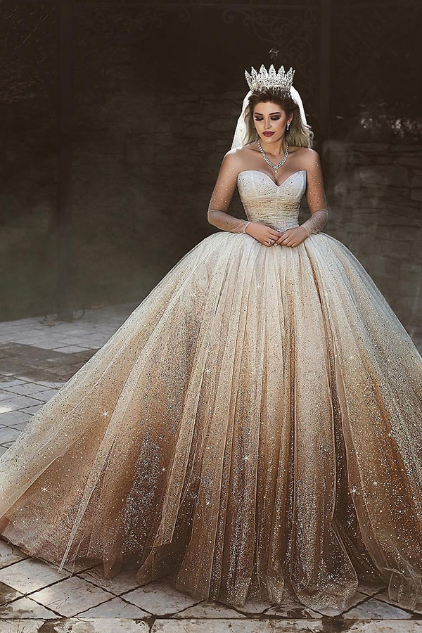 New Arrival Tulle Floor-Length Wedding Dresses UK Scoop Neckline Long Sleeves Bridal Dresses with Sequins-27Dress.co.uk