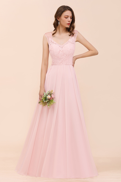 Stylish Pink Long Bridesmaid Dress A-line Ruffle Chiffon Lace Wedding Guest Dress