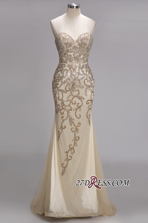 Backless Crystals Beaded Luxury Sweetheart Formal Long Tulle Evening Gowns