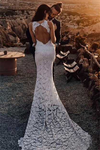 Appliques Halter Backless Sexy Mermaid Wedding Dresses UK | Ribbons Side slit Sleeveless Floral Bridal Gowns-27Dress.co.uk