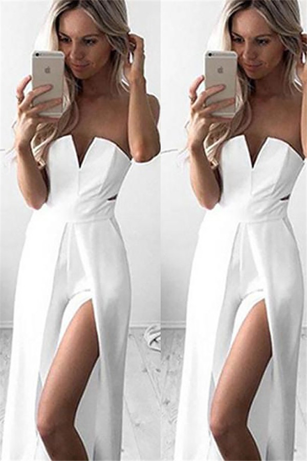 Sweetheart Side Slit Prom Dress UKes UK White Simple Sheath Sexy Evening Dress UKes UK Sleeveless