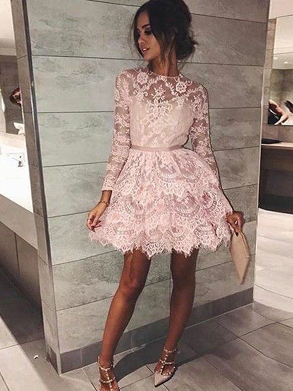 Chic Long Sleeves Homecoming Dress UKes UK | Scoop Pink A-Line Cocktail Dress UKes UK