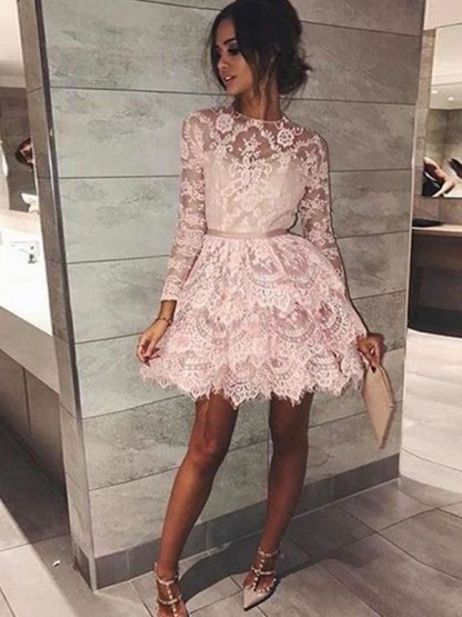 Chic Long Sleeves Homecoming Dress UKes UK | Scoop Pink A-Line Cocktail Dress UKes UK