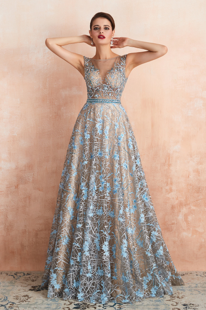 Charming Scoop Neck Cap Sleeves Flower Aline Evening Dress Beadings Floor Length Special Occasion Dress