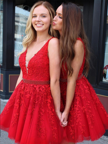 Illusion Appliques V-Neck Homecoming Dress