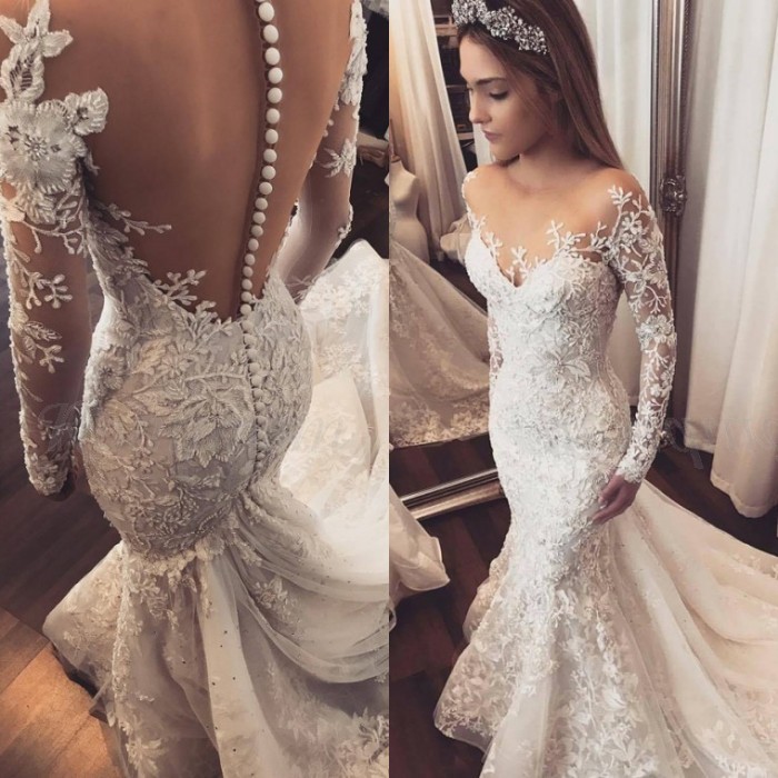 Elegant Long Sleeve Wedding Dress | Lace Appliques Wedding Dress On Sale