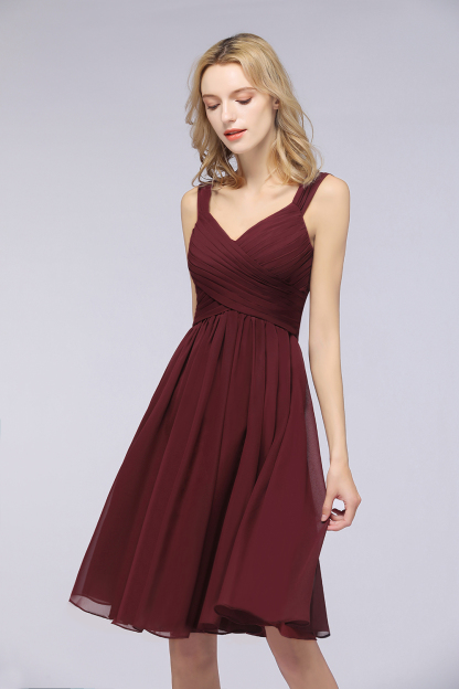Ruffle Straps Short Burgundy Bridesmaid Dresses