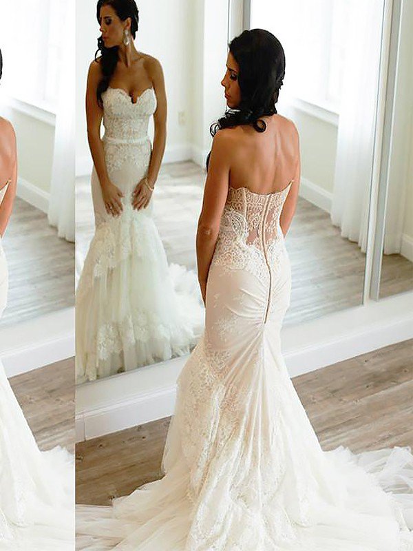 Court Train Sleeveless Sexy Mermaid Lace Tulle Sweetheart Wedding Dresses UK
