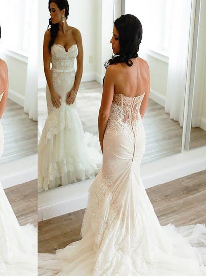 Court Train Sleeveless Sexy Mermaid Lace Tulle Sweetheart Wedding Dresses UK