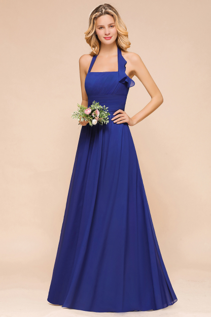 Affordable Halter Bridesmaid Dress Royal Blue Chiffon Long Wedding Guest Dress