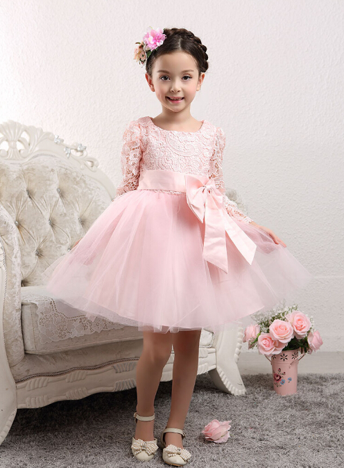 Lovely Tulle Lace Flower Girl Dress Bowknot Long Sleeve Zipper