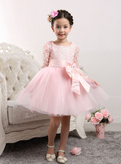 Lovely Tulle Lace Flower Girl Dress Bowknot Long Sleeve Zipper