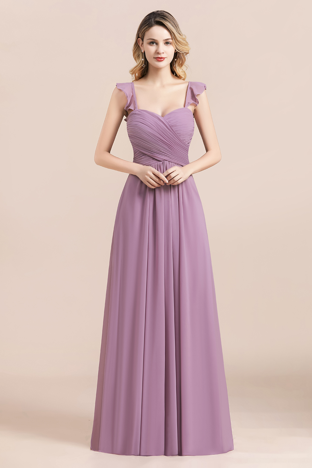 Sweetheart Wisteria Ruched Chiffon Bridesmaid Dresses with Straps