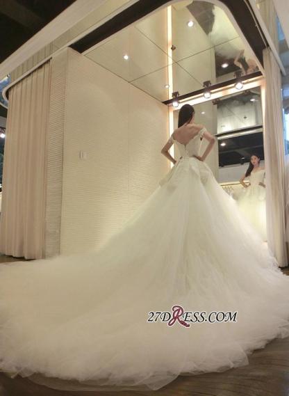 Tulle Beads Newest Lace-Appliques Off-the-shoulder Long-Train Wedding Dress