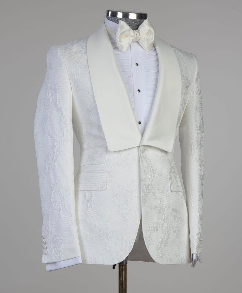 Enoch Latest Design White Jacquard Shawl Lapel Wedding Suits with One Button