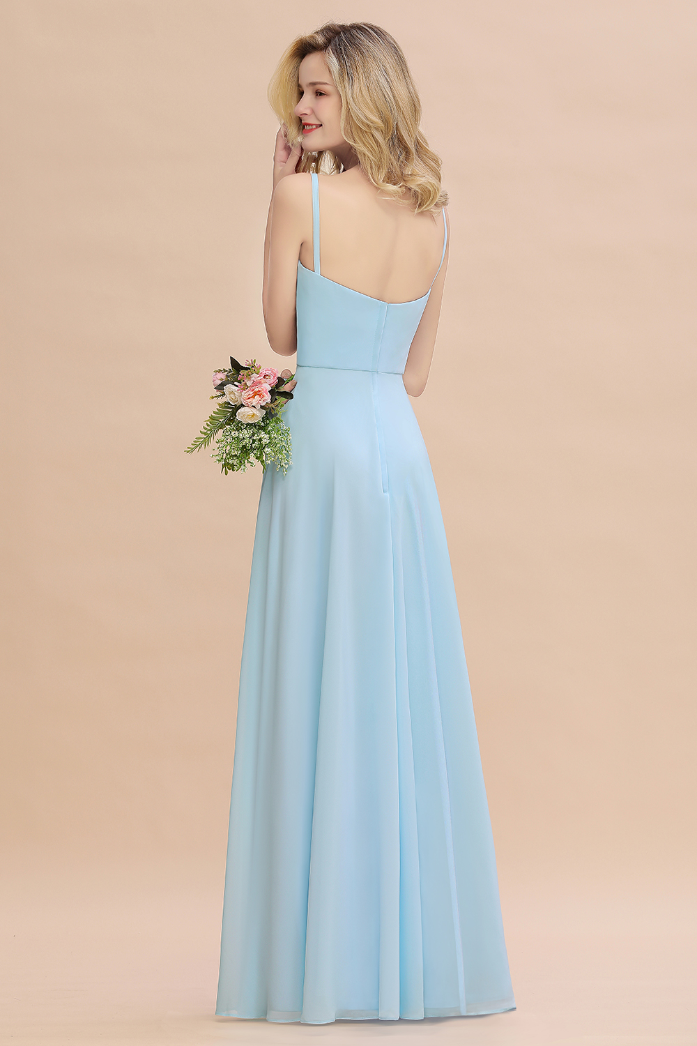 V-Neck A-line Bridesmaid Dress Straps Chiffon Long Wedding Party Dress with Side Split
