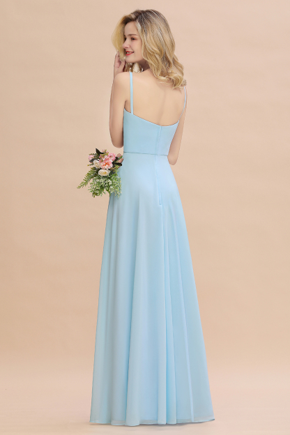 V-Neck A-line Bridesmaid Dress Straps Chiffon Long Wedding Party Dress with Side Split
