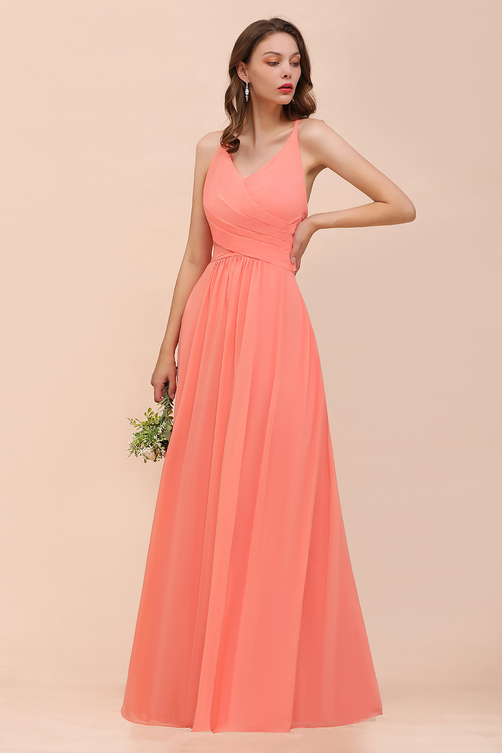 Coral Bridesmaid Dress Ruffle Chiffon V-Neck Long Wedding Guest Dress