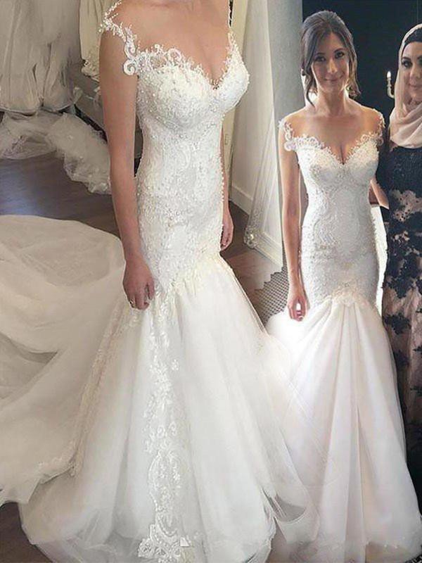Applique Sexy Mermaid Off-the-Shoulder Sleeveless Tulle Wedding Dresses UK