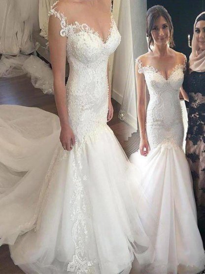 Applique Sexy Mermaid Off-the-Shoulder Sleeveless Tulle Wedding Dresses UK