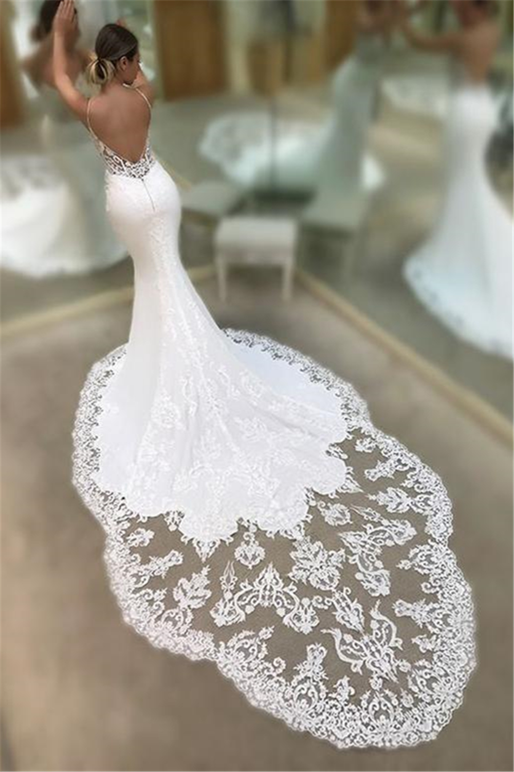 Sexy Mermaid Spaghetti Sleeveless Appliqued Lace Court Train Wedding Dresses UK-27Dress.co.uk