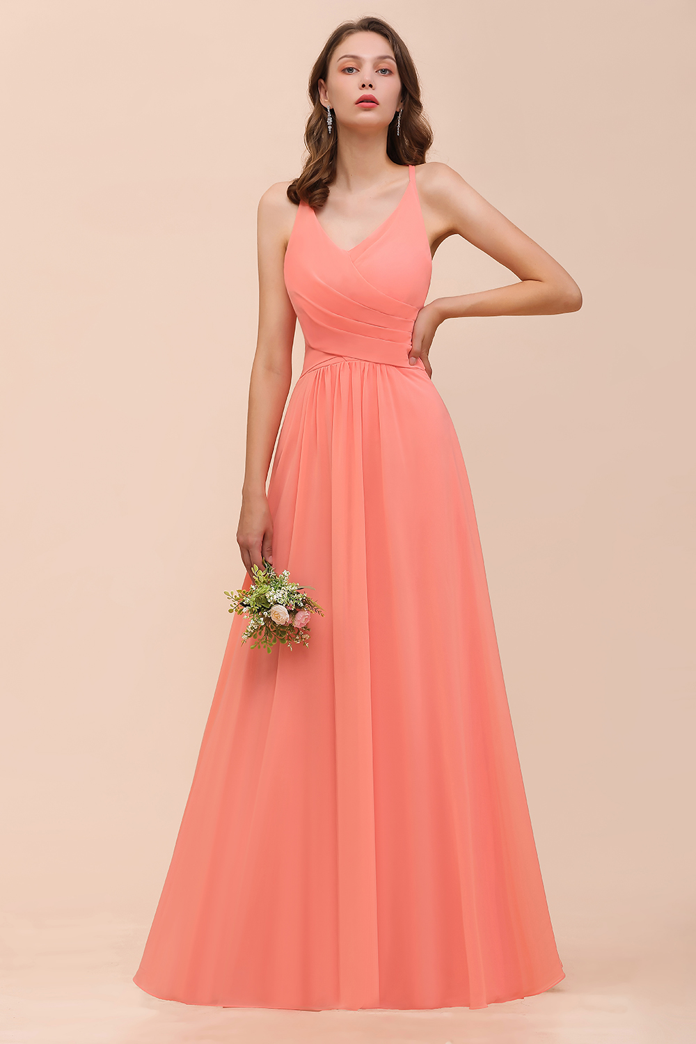 Coral Bridesmaid Dress Ruffle Chiffon V-Neck Long Wedding Guest Dress