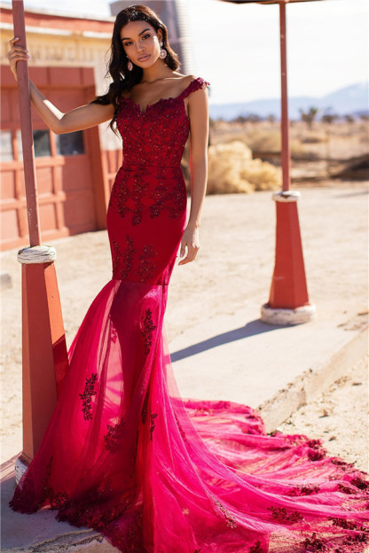 Burgundy Evening Gowns Cheap | Straps Appliques Tulle Mermaid Prom Dresses UK