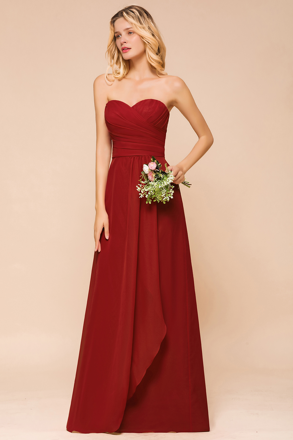 Sweetheart Chiffon Rust Bridesmaid Dress Strapless Long Wedding Party Dress