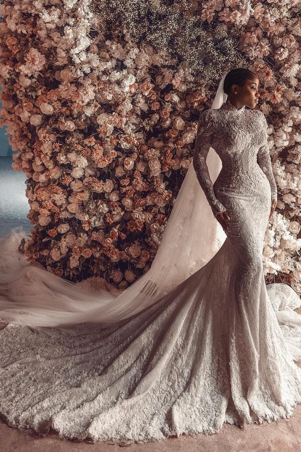 Gorgeous High Neck Floral Lace Mermaid Wedding Dresses with Sleeves Slim Bridal Gown