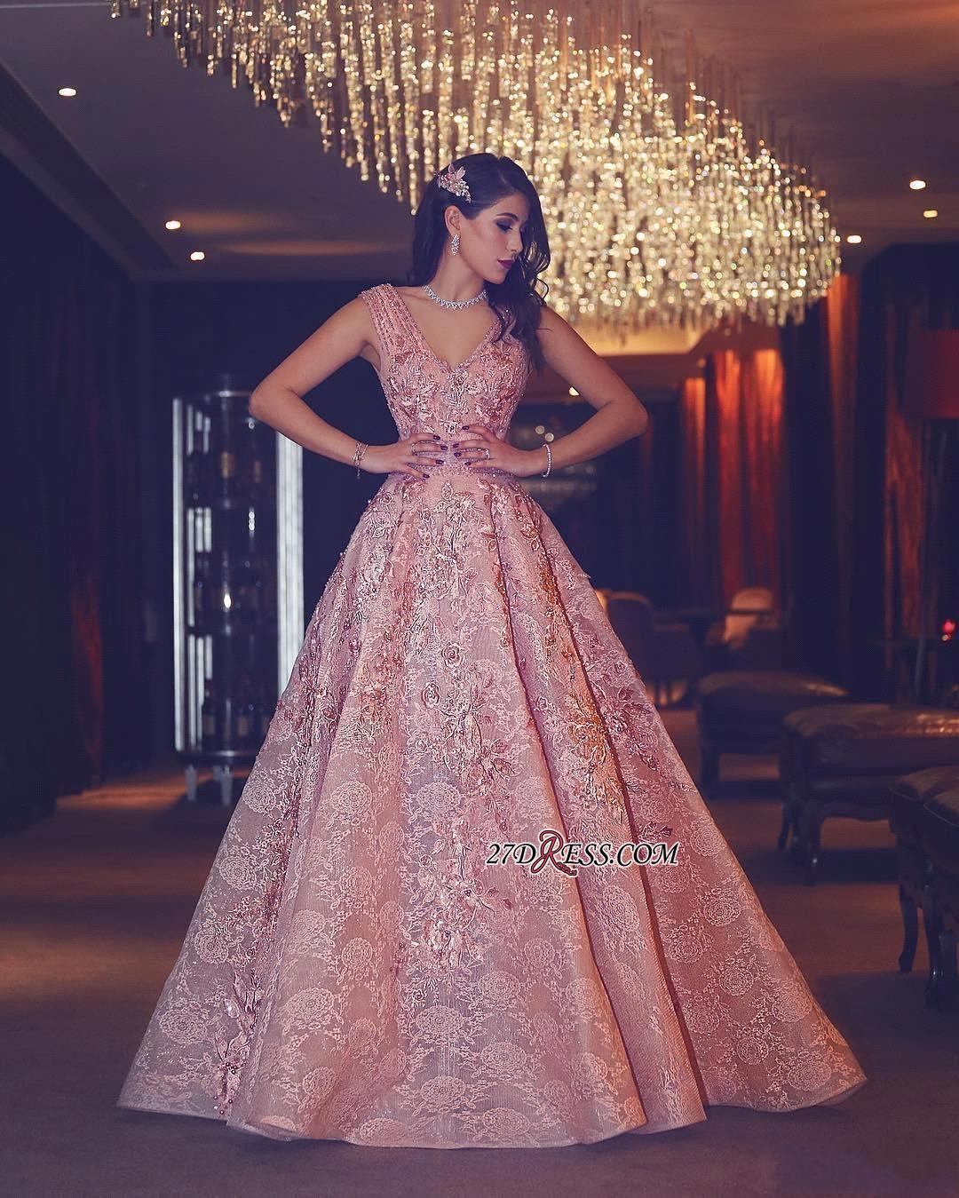Flowers Luxury Lace Beading V-Neck Puffy Pink Evening Gowns
